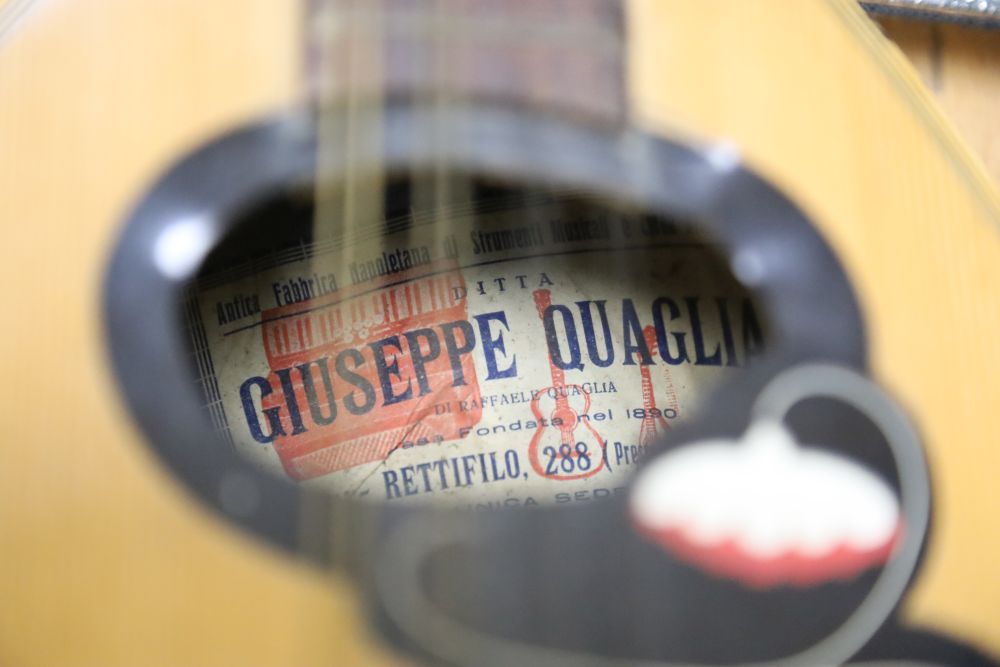 An Italian mandolin, makers label within, G. Quagila, and an embossed brass two handled vase, 43cm